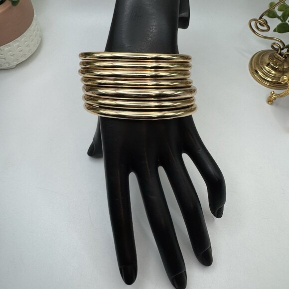 Zara Gold Tone Set Of 8 Bangles 8.5” Stackable Bracelets Minimalist Chic - Picture 2 of 7